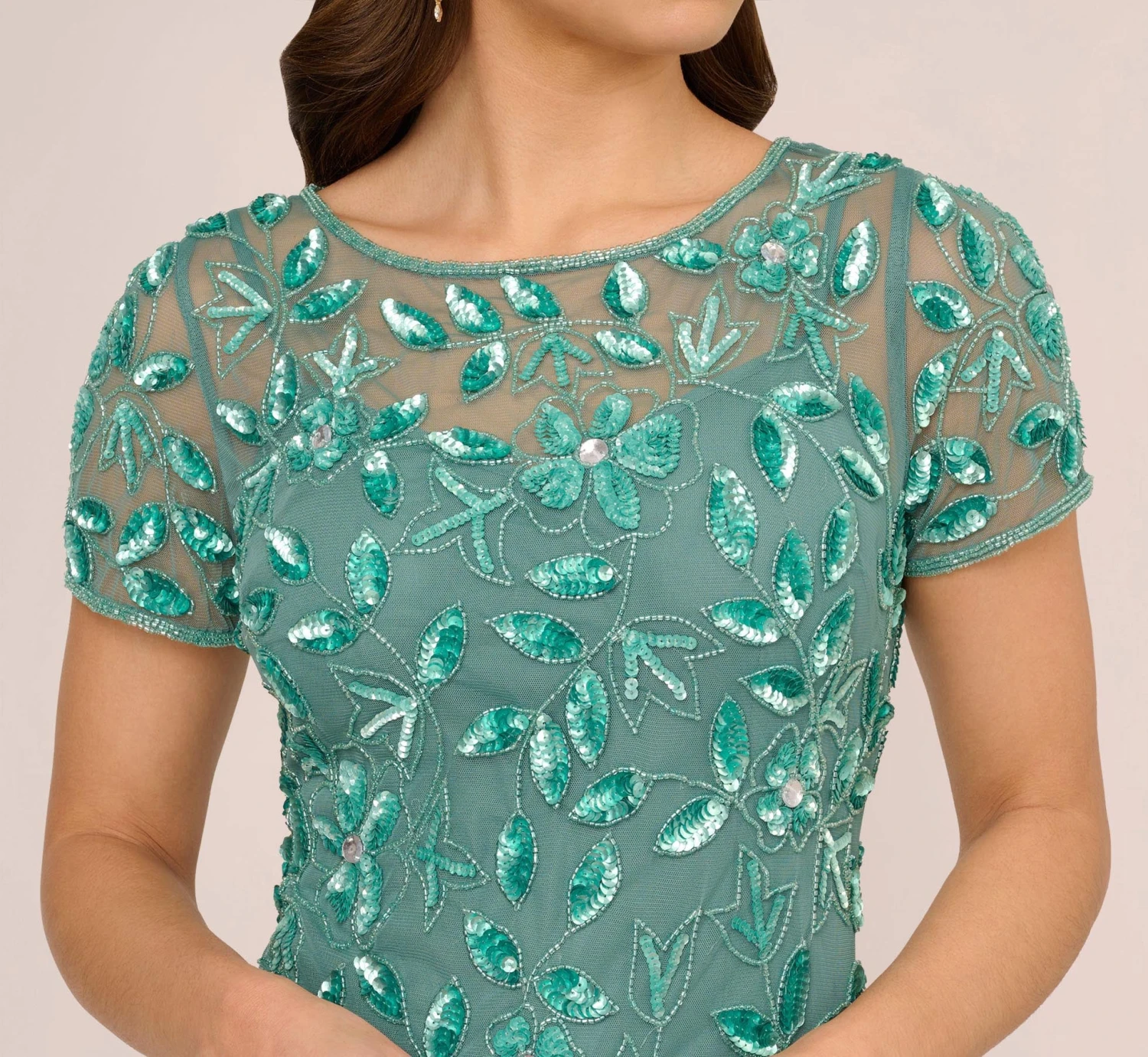Adrianna Papell Hand Beaded Short Sleeve Floral Godet Gown In Green Slate 5 Adrianna Papell Hand Beaded Short Sleeve Floral Godet Gown In Green Slate - Image 3