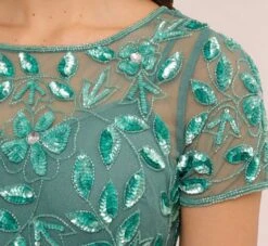 Adrianna Papell Hand Beaded Short Sleeve Floral Godet Gown In Green Slate 12 Adrianna Papell Hand Beaded Short Sleeve Floral Godet Gown In Green Slate -Adrianna Papell Shop AP1E208349 AA355 Regular Lifestyle