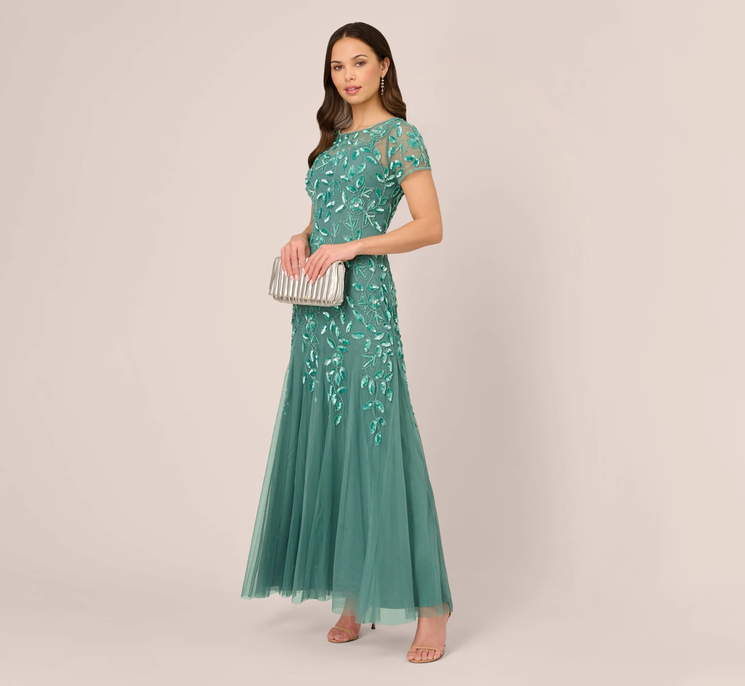 Adrianna Papell Hand Beaded Short Sleeve Floral Godet Gown In Green Slate 4 Adrianna Papell Hand Beaded Short Sleeve Floral Godet Gown In Green Slate - Image 2