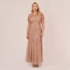 Adrianna Papell Plus Size Hand Beaded Short Sleeve Floral Godet Gown In Rose Gold -Adrianna Papell Shop AP1E208349 AA958 Plus Default