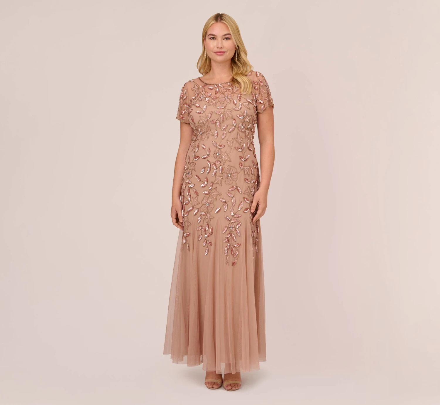 Adrianna Papell Plus Size Hand Beaded Short Sleeve Floral Godet Gown In Rose Gold