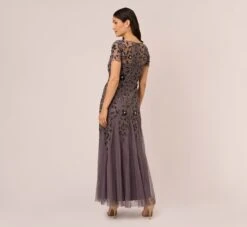 Adrianna Papell Hand Beaded Short Sleeve Floral Godet Gown In Moonscape -Adrianna Papell Shop AP1E208349 AD542 Regular Back