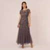 Adrianna Papell Hand Beaded Short Sleeve Floral Godet Gown In Moonscape