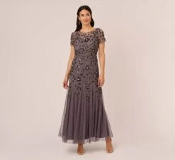 Adrianna Papell Hand Beaded Short Sleeve Floral Godet Gown In Moonscape