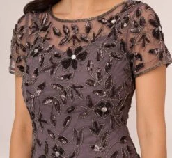 Adrianna Papell Hand Beaded Short Sleeve Floral Godet Gown In Moonscape -Adrianna Papell Shop AP1E208349 AD542 Regular Detail