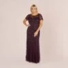 Adrianna Papell Plus Size Hand Beaded Short Sleeve Floral Godet Gown In Night Plum 1 Adrianna Papell Plus Size Hand Beaded Short Sleeve Floral Godet Gown In Night Plum -Adrianna Papell Shop AP1E208349 BK940 Plus Default