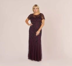 Adrianna Papell Plus Size Hand Beaded Short Sleeve Floral Godet Gown In Night Plum