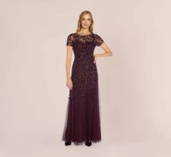 Adrianna Papell Hand Beaded Short Sleeve Floral Godet Gown In Night Plum