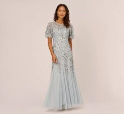 Adrianna Papell Long Floral Beaded Gown With Flutter Sleeves In Blue Heather