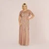 Adrianna Papell Plus Size Long Floral Beaded Gown With Flutter Sleeves In Rose Gold 2 Adrianna Papell Plus Size Long Floral Beaded Gown With Flutter Sleeves In Rose Gold -Adrianna Papell Shop AP1E208445 AA958 Plus Alternate
