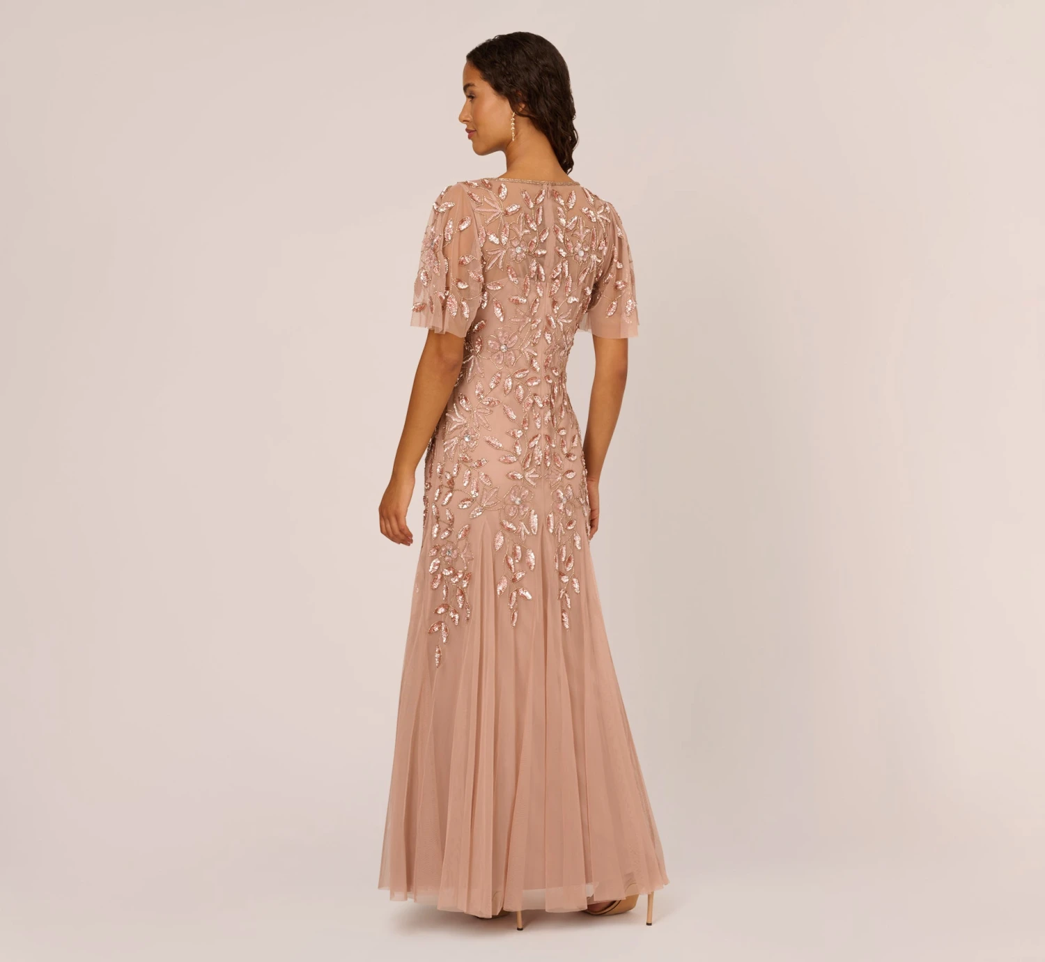 Adrianna Papell Long Floral Beaded Gown With Flutter Sleeves In Rose Gold 6 Adrianna Papell Long Floral Beaded Gown With Flutter Sleeves In Rose Gold - Image 4