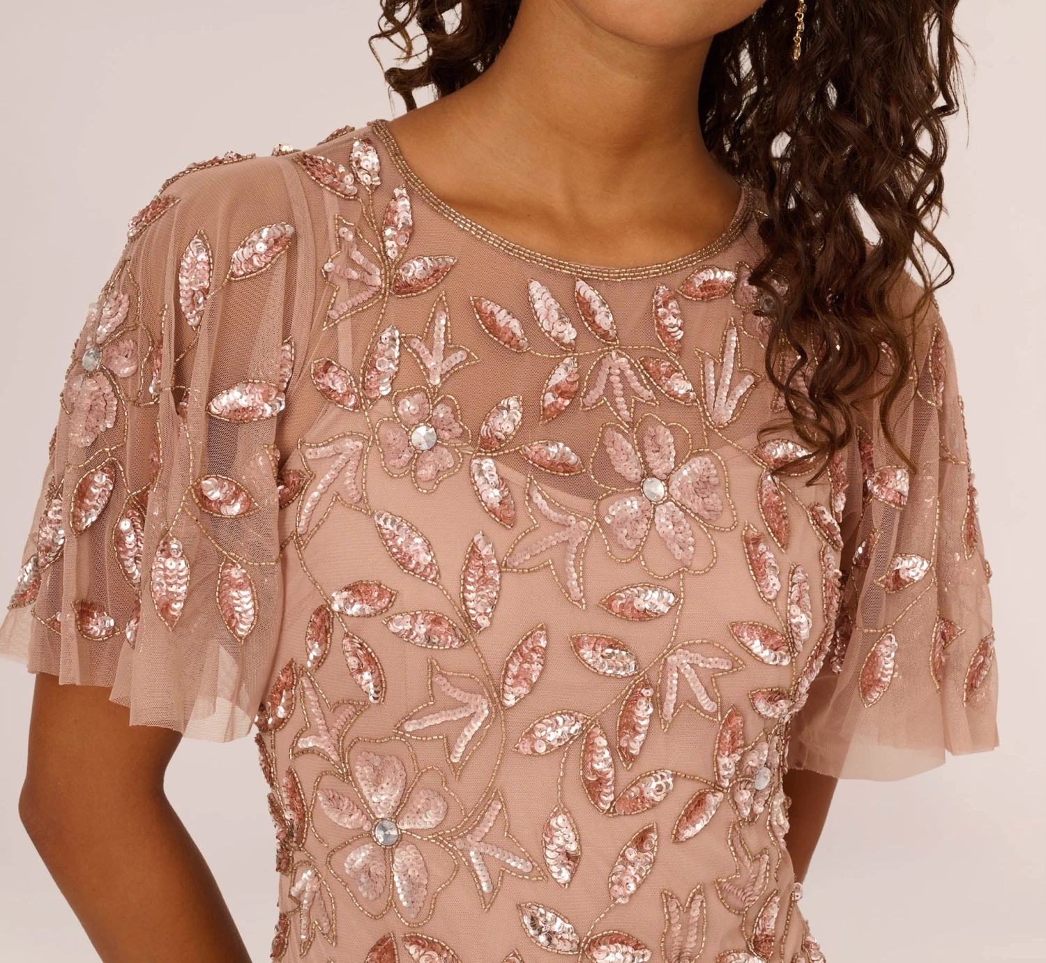 Adrianna Papell Long Floral Beaded Gown With Flutter Sleeves In Rose Gold 5 Adrianna Papell Long Floral Beaded Gown With Flutter Sleeves In Rose Gold - Image 3