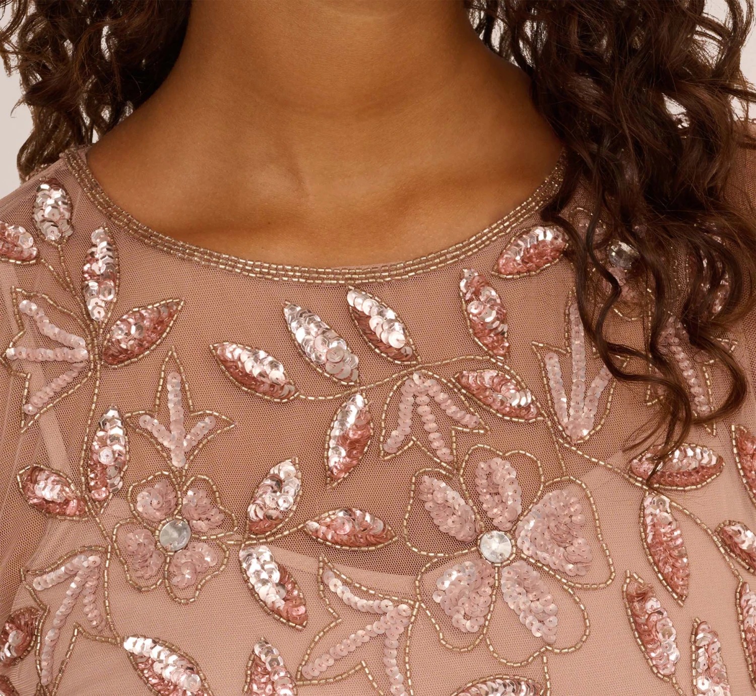 Adrianna Papell Long Floral Beaded Gown With Flutter Sleeves In Rose Gold 7 Adrianna Papell Long Floral Beaded Gown With Flutter Sleeves In Rose Gold - Image 5