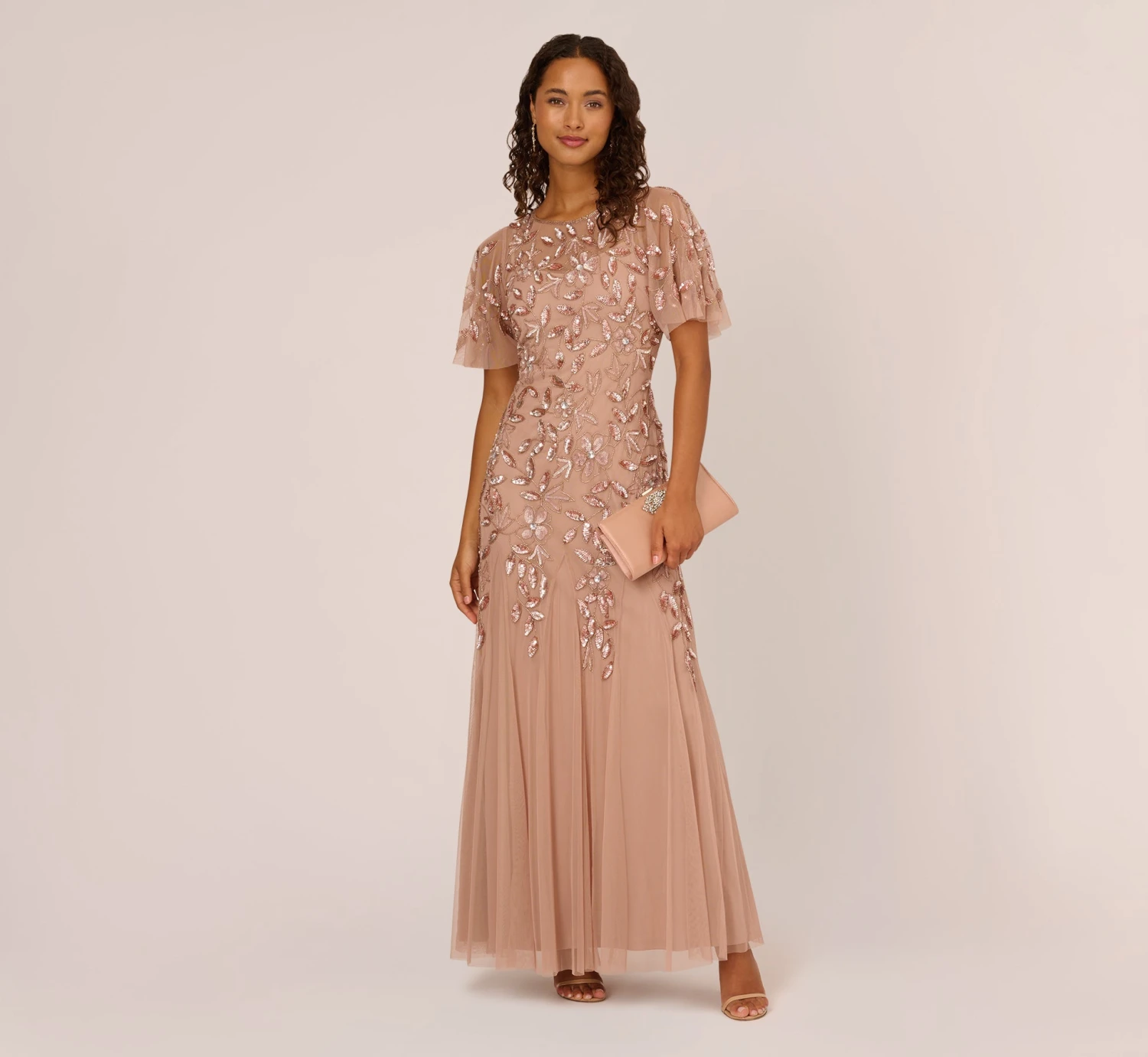 Adrianna Papell Long Floral Beaded Gown With Flutter Sleeves In Rose Gold 3 Adrianna Papell Long Floral Beaded Gown With Flutter Sleeves In Rose Gold