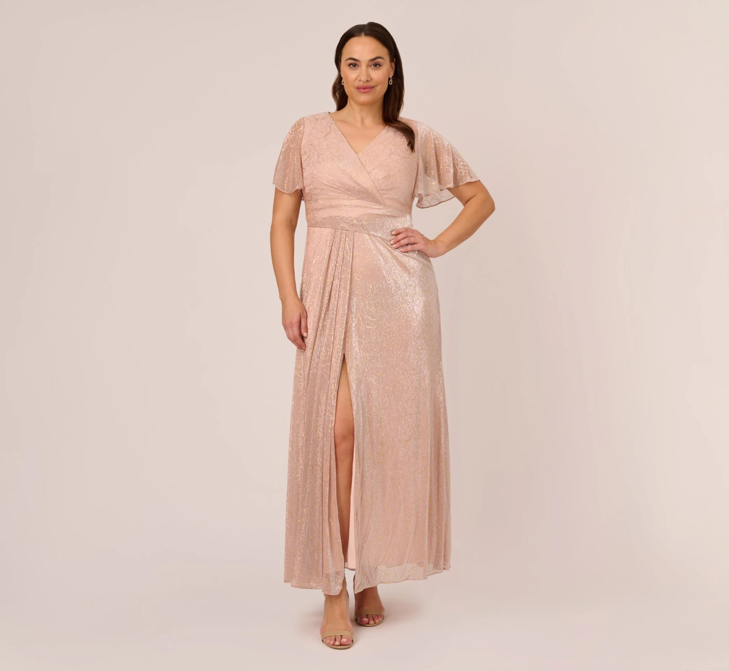 Adrianna Papell Plus Size Metallic Mesh Draped Gown In Rose Gold 3 Adrianna Papell Plus Size Metallic Mesh Draped Gown In Rose Gold