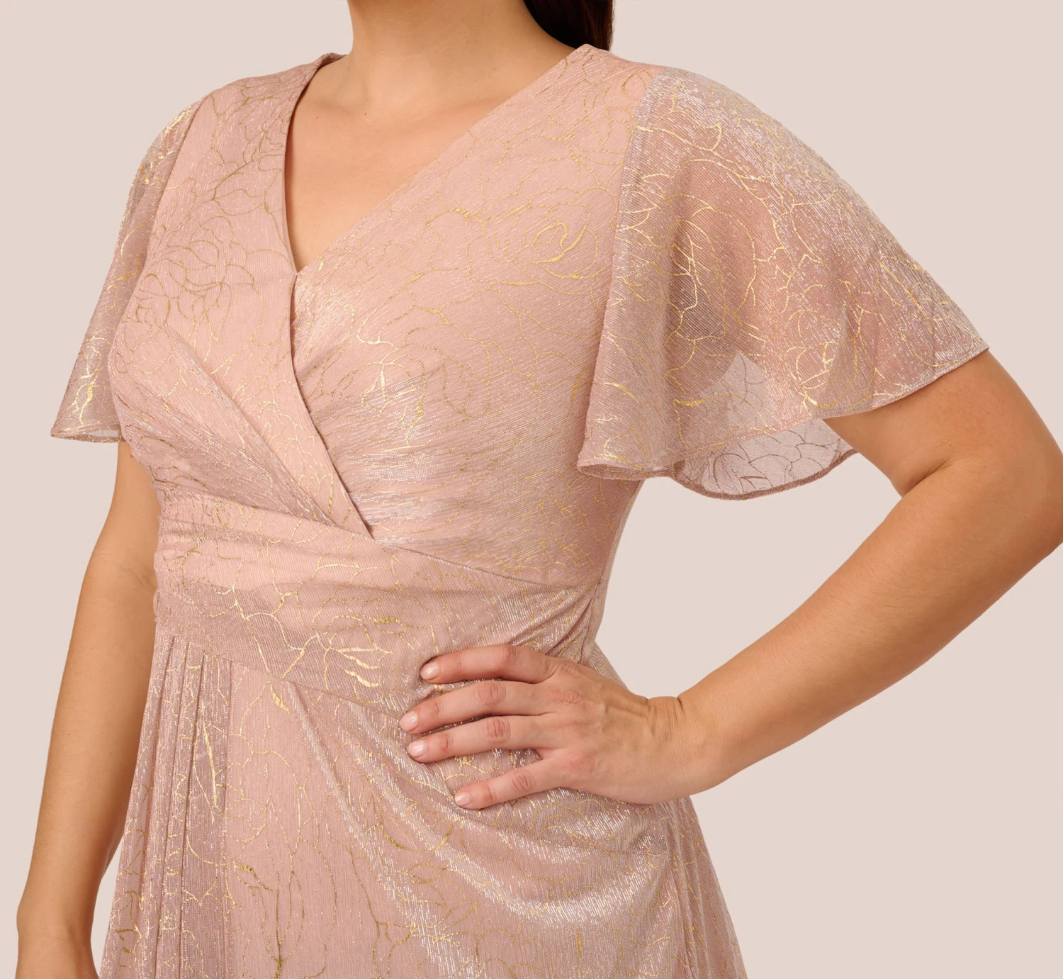 Adrianna Papell Plus Size Metallic Mesh Draped Gown In Rose Gold 7 Adrianna Papell Plus Size Metallic Mesh Draped Gown In Rose Gold - Image 5