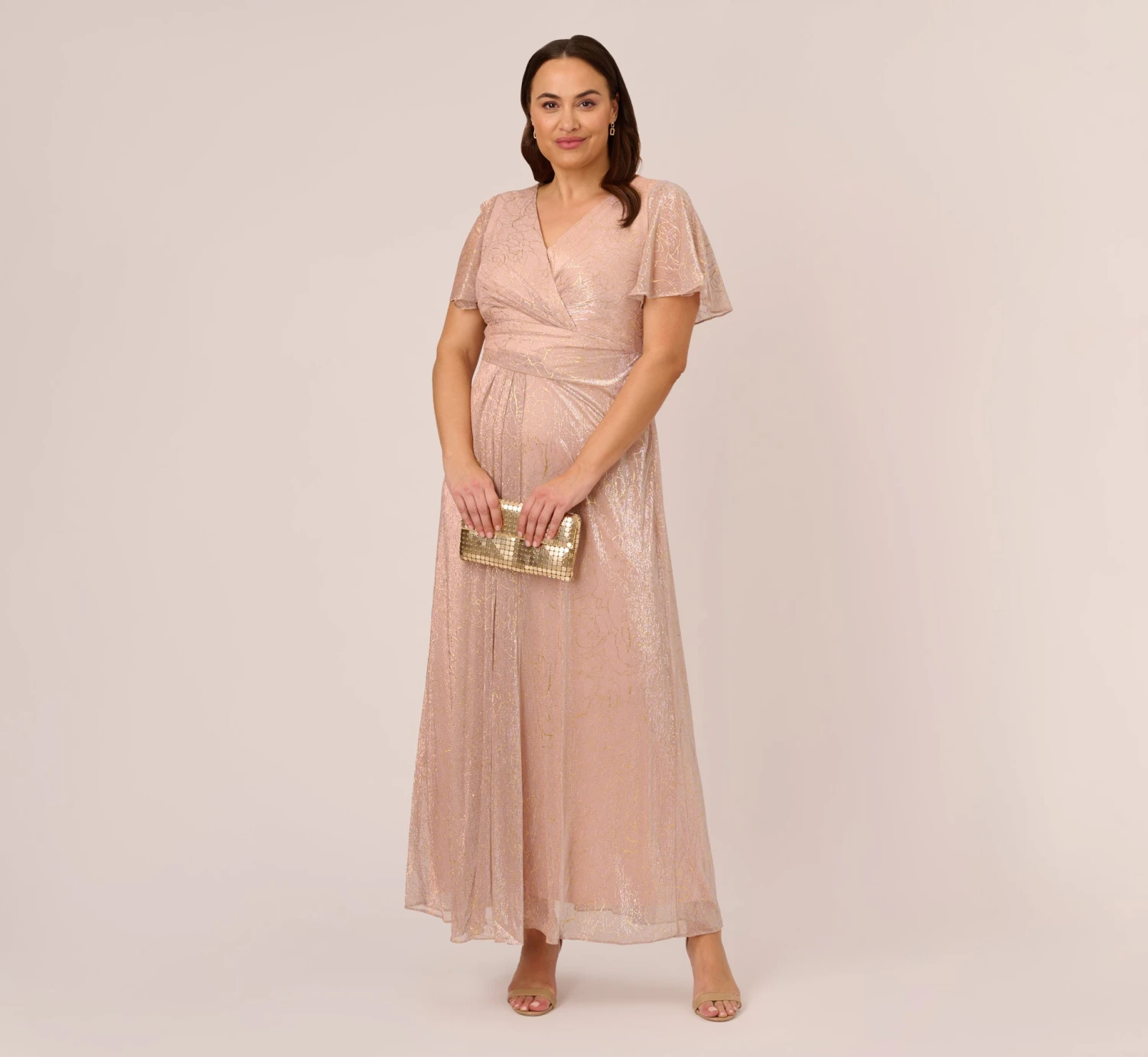 Adrianna Papell Plus Size Metallic Mesh Draped Gown In Rose Gold 4 Adrianna Papell Plus Size Metallic Mesh Draped Gown In Rose Gold - Image 2
