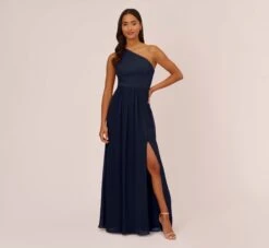 Adrianna Papell One-Shoulder Chiffon Long Gown In Midnight