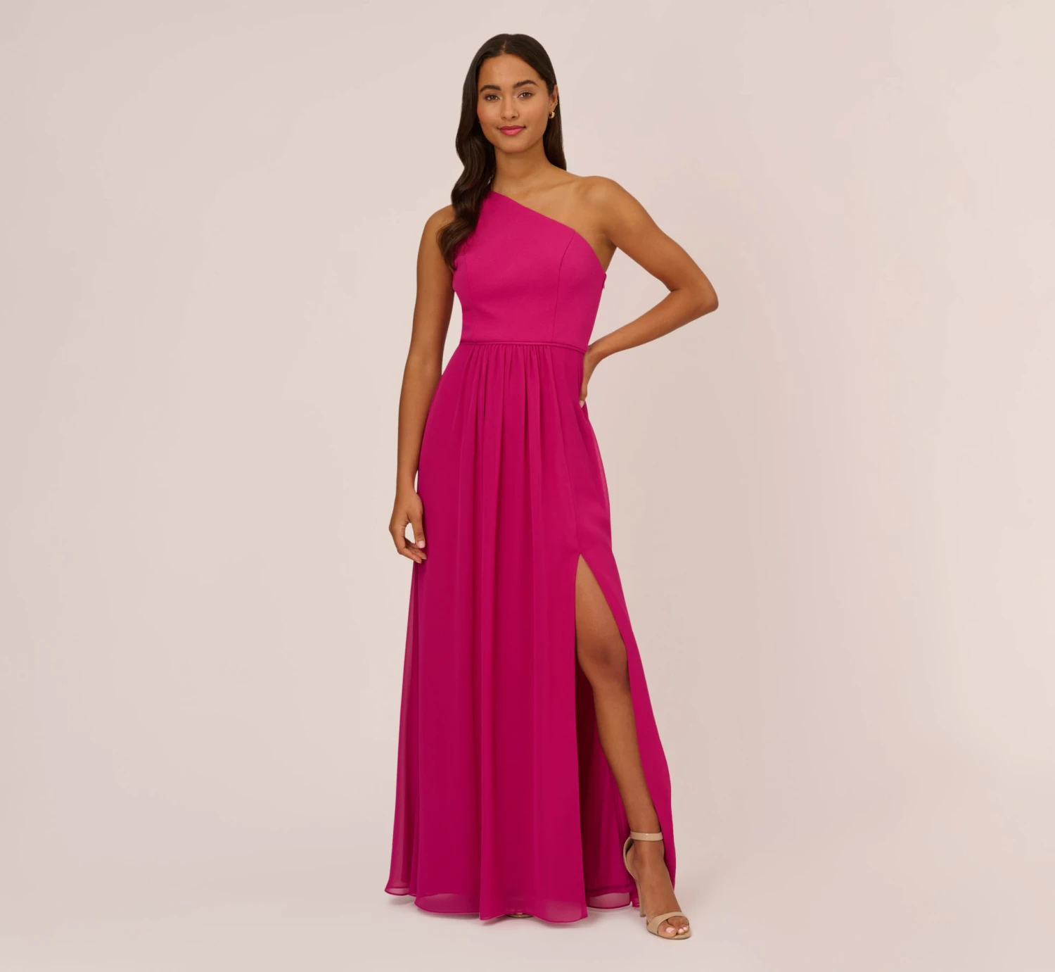Adrianna Papell One-Shoulder Chiffon Long Gown In Bright Magenta