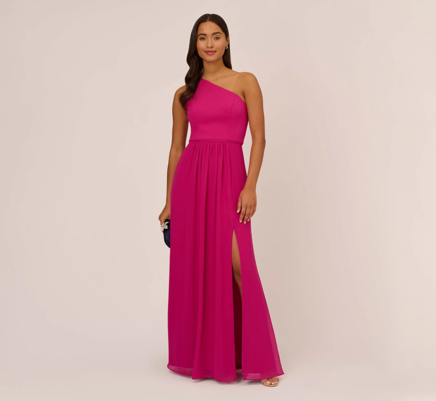 Adrianna Papell One-Shoulder Chiffon Long Gown In Bright Magenta 4 Adrianna Papell One-Shoulder Chiffon Long Gown In Bright Magenta - Image 2