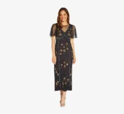 Adrianna Papell Flutter Sleeve Ankle-Length Column Gown In Black Gold