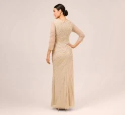 Adrianna Papell Hand-Beaded Three-Quarter Sleeve Long Gown In Biscotti -Adrianna Papell Shop AP1E209180 AG273 Regular Back