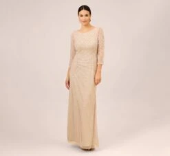 Adrianna Papell Hand-Beaded Three-Quarter Sleeve Long Gown In Biscotti