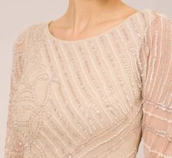 Adrianna Papell Hand-Beaded Three-Quarter Sleeve Long Gown In Biscotti -Adrianna Papell Shop AP1E209180 AG273 Regular Detail