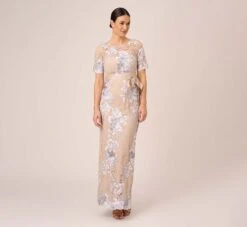 Adrianna Papell Floral Embroidered Gown In Biscotti Multi