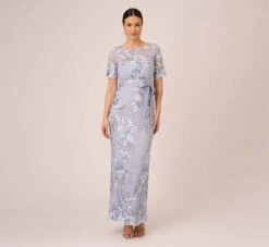 Adrianna Papell Floral Embroidered Gown In Blue Breeze