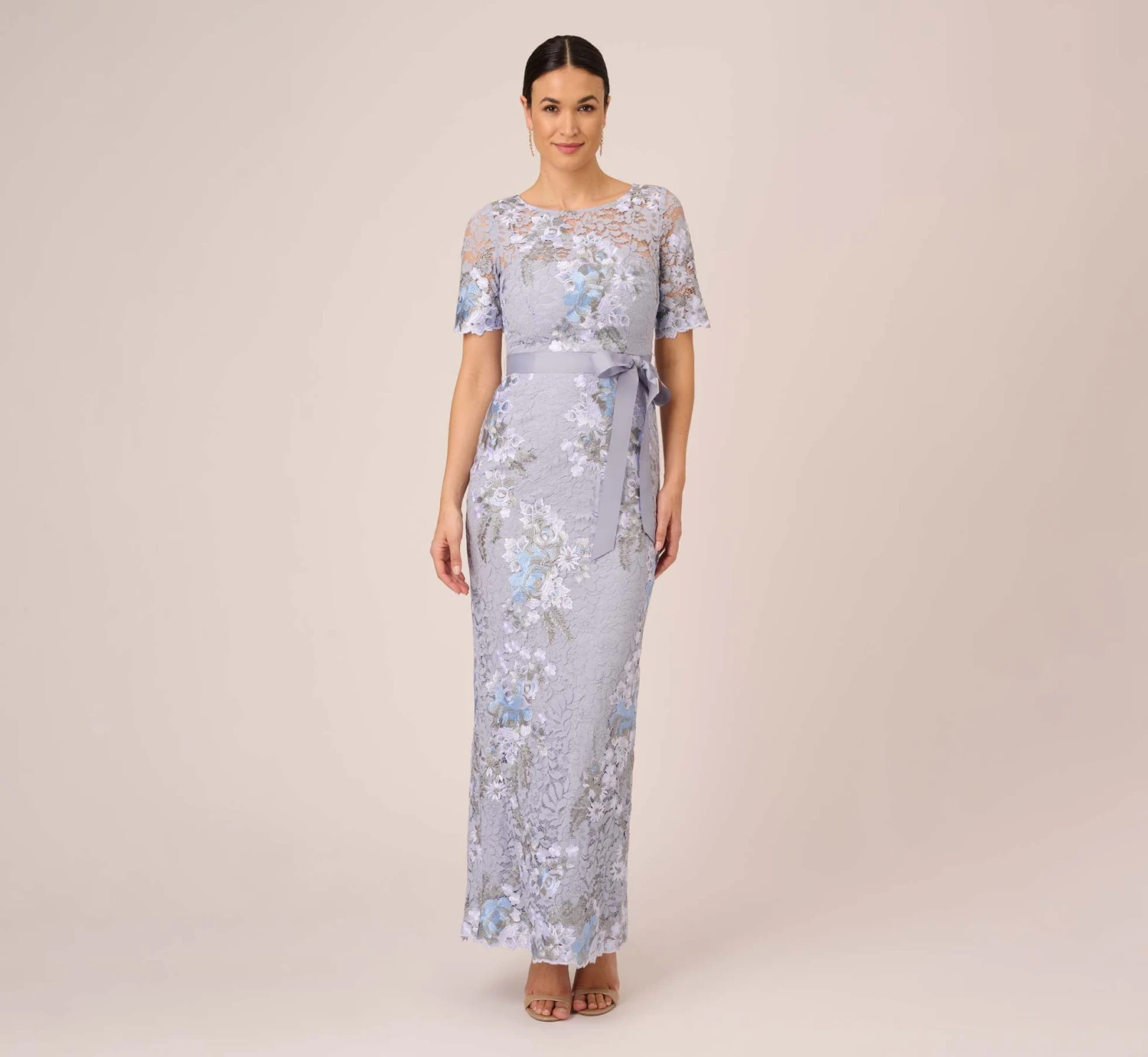Adrianna Papell Floral Embroidered Gown In Blue Breeze 3 Adrianna Papell Floral Embroidered Gown In Blue Breeze