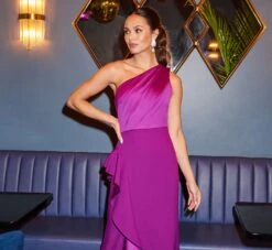 Adrianna Papell One-Shoulder Long Satin Crepe Mermaid Gown In Wild Orchid