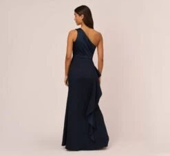 Adrianna Papell One-Shoulder Long Satin Crepe Mermaid Gown In Dark Navy -Adrianna Papell Shop AP1E209309 AV410 Regular Back