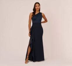 Adrianna Papell One-Shoulder Long Satin Crepe Mermaid Gown In Dark Navy