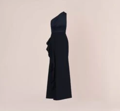 Adrianna Papell One-Shoulder Long Satin Crepe Mermaid Gown In Dark Navy -Adrianna Papell Shop AP1E209309 AV410 Regular Flat