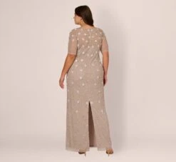 Adrianna Papell Plus Size Long Hand Beaded 3D Floral Dress With Elbow Sleeves In Marble 13 Adrianna Papell Plus Size Long Hand Beaded 3D Floral Dress With Elbow Sleeves In Marble -Adrianna Papell Shop AP1E209314 AE064 Plus Back