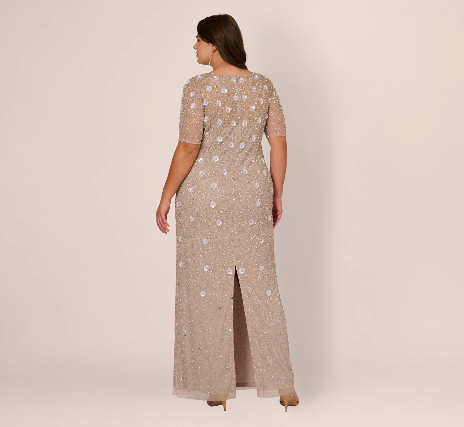 Adrianna Papell Plus Size Long Hand Beaded 3D Floral Dress With Elbow Sleeves In Marble 8 Adrianna Papell Plus Size Long Hand Beaded 3D Floral Dress With Elbow Sleeves In Marble - Image 6