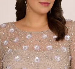 Adrianna Papell Plus Size Long Hand Beaded 3D Floral Dress With Elbow Sleeves In Marble 11 Adrianna Papell Plus Size Long Hand Beaded 3D Floral Dress With Elbow Sleeves In Marble -Adrianna Papell Shop AP1E209314 AE064 Plus Detail