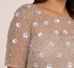 Adrianna Papell Plus Size Long Hand Beaded 3D Floral Dress With Elbow Sleeves In Marble 10 Adrianna Papell Plus Size Long Hand Beaded 3D Floral Dress With Elbow Sleeves In Marble -Adrianna Papell Shop AP1E209314 AE064 Plus Lifestyle