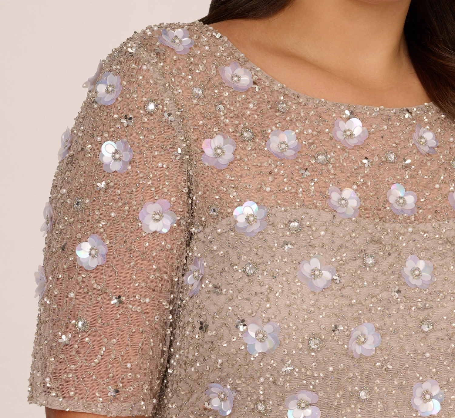 Adrianna Papell Plus Size Long Hand Beaded 3D Floral Dress With Elbow Sleeves In Marble 5 Adrianna Papell Plus Size Long Hand Beaded 3D Floral Dress With Elbow Sleeves In Marble - Image 3