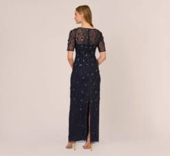 Adrianna Papell Long Hand Beaded 3D Floral Dress With Elbow Sleeves In Dusty Navy -Adrianna Papell Shop AP1E209314 AK469 Regular Back