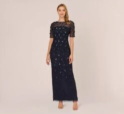 Adrianna Papell Long Hand Beaded 3D Floral Dress With Elbow Sleeves In Dusty Navy