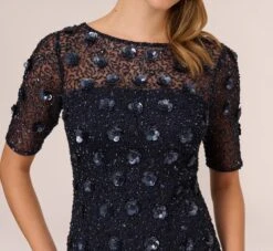Adrianna Papell Long Hand Beaded 3D Floral Dress With Elbow Sleeves In Dusty Navy -Adrianna Papell Shop AP1E209314 AK469 Regular Detail