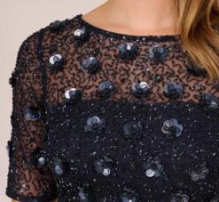 Adrianna Papell Long Hand Beaded 3D Floral Dress With Elbow Sleeves In Dusty Navy -Adrianna Papell Shop AP1E209314 AK469 Regular Lifestyle