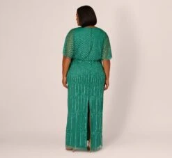 Adrianna Papell Plus Size Hand-Beaded Illusion Long Column Blouson Gown In Jungle Green -Adrianna Papell Shop AP1E209335 AH314 Plus Back