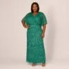 Adrianna Papell Plus Size Hand-Beaded Illusion Long Column Blouson Gown In Jungle Green
