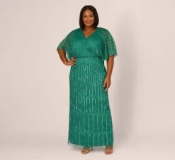 Adrianna Papell Plus Size Hand-Beaded Illusion Long Column Blouson Gown In Jungle Green