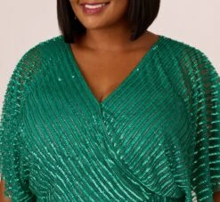 Adrianna Papell Plus Size Hand-Beaded Illusion Long Column Blouson Gown In Jungle Green -Adrianna Papell Shop AP1E209335 AH314 Plus Detail