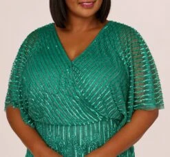 Adrianna Papell Plus Size Hand-Beaded Illusion Long Column Blouson Gown In Jungle Green -Adrianna Papell Shop AP1E209335 AH314 Plus Lifestyle