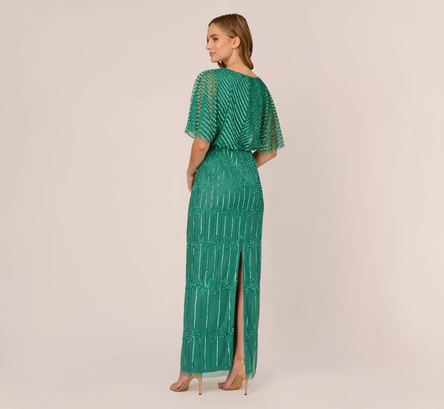 Adrianna Papell Hand-Beaded Illusion Long Column Blouson Gown In Jungle Green 7 Adrianna Papell Hand-Beaded Illusion Long Column Blouson Gown In Jungle Green - Image 5